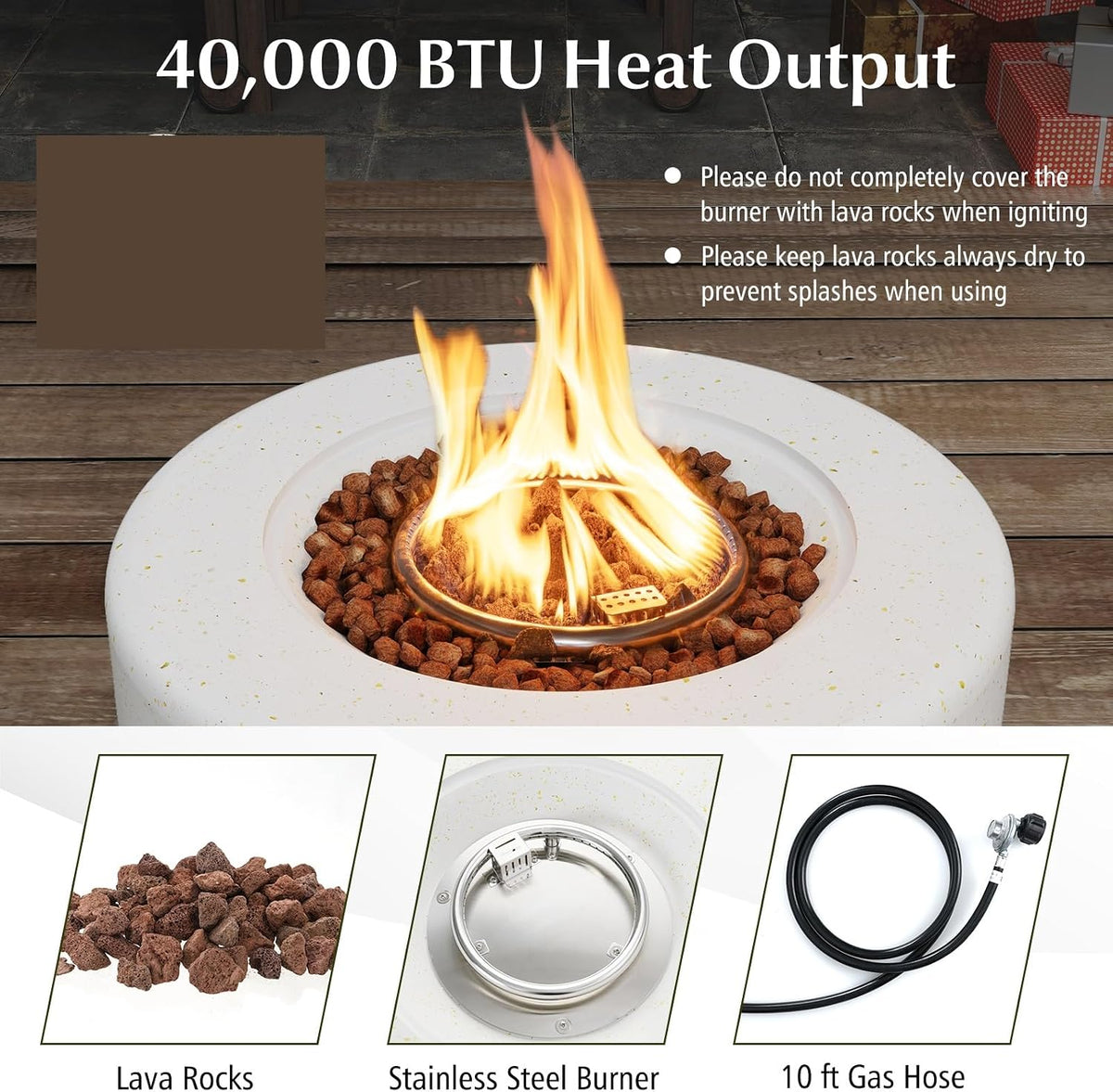 Propane Fire Pit Table, 25.5” round Terrazzo Gas Fire Pit with Stainless Steel Burner & Lava Rocks, Protective Cover & Tank Seat Included, 40,000 BTU Smokeless Fire Pit for outside Patio