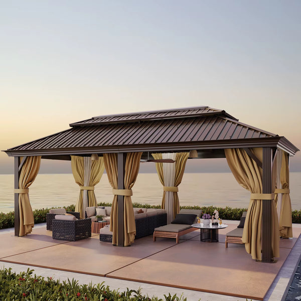 Hardtop Gazebo Built for Year-Round Use, 12x20 Galvanized Steel Roof, Aluminum Frame, Flame-Resistant Curtains