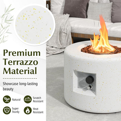 Propane Fire Pit Table, 25.5” round Terrazzo Gas Fire Pit with Stainless Steel Burner & Lava Rocks, Protective Cover & Tank Seat Included, 40,000 BTU Smokeless Fire Pit for outside Patio