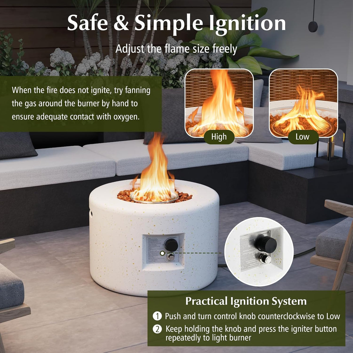 Propane Fire Pit Table, 25.5” round Terrazzo Gas Fire Pit with Stainless Steel Burner & Lava Rocks, Protective Cover & Tank Seat Included, 40,000 BTU Smokeless Fire Pit for outside Patio