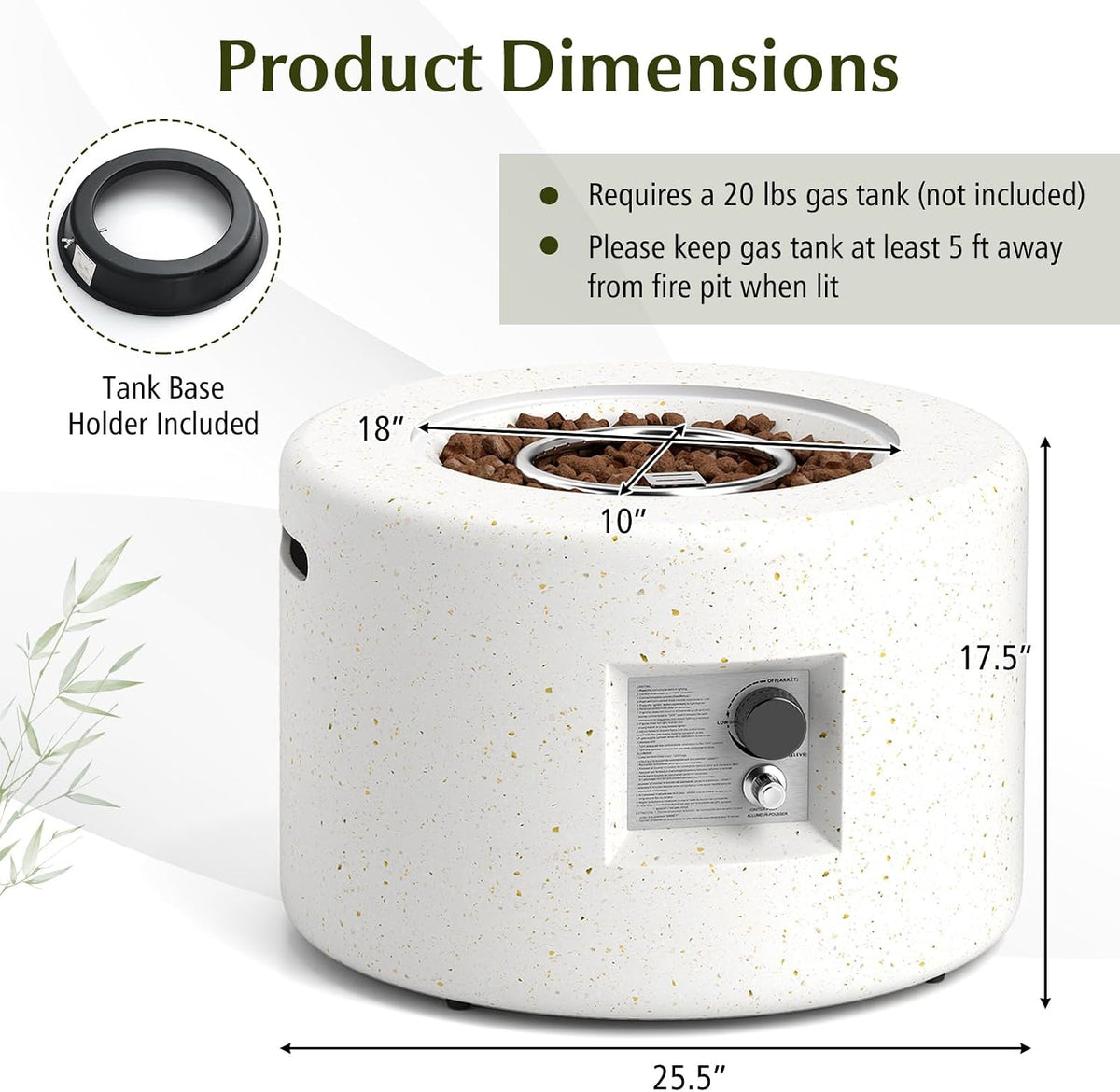 Propane Fire Pit Table, 25.5” round Terrazzo Gas Fire Pit with Stainless Steel Burner & Lava Rocks, Protective Cover & Tank Seat Included, 40,000 BTU Smokeless Fire Pit for outside Patio