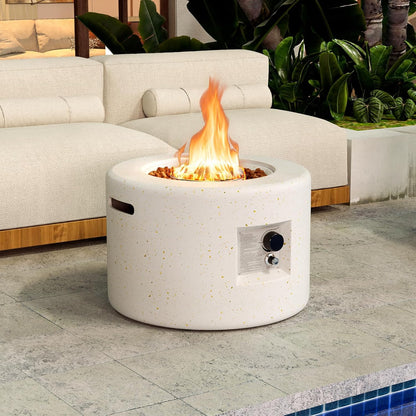 Propane Fire Pit Table, 25.5” round Terrazzo Gas Fire Pit with Stainless Steel Burner & Lava Rocks, Protective Cover & Tank Seat Included, 40,000 BTU Smokeless Fire Pit for outside Patio