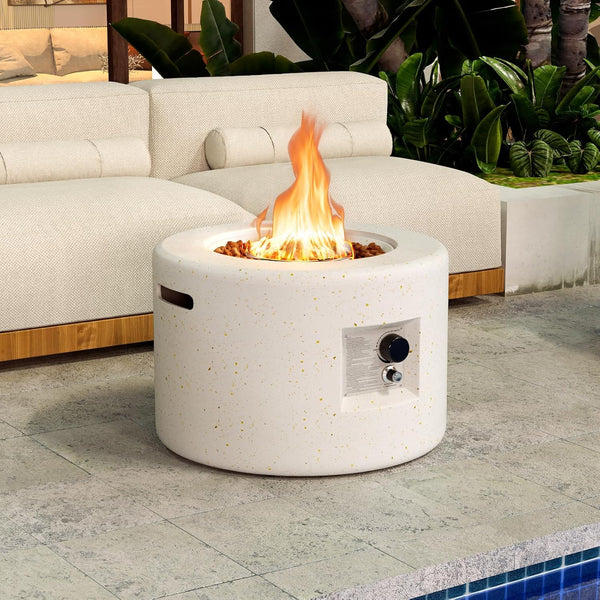Propane Fire Pit Table, 25.5” round Terrazzo Gas Fire Pit with Stainless Steel Burner & Lava Rocks, Protective Cover & Tank Seat Included, 40,000 BTU Smokeless Fire Pit for outside Patio