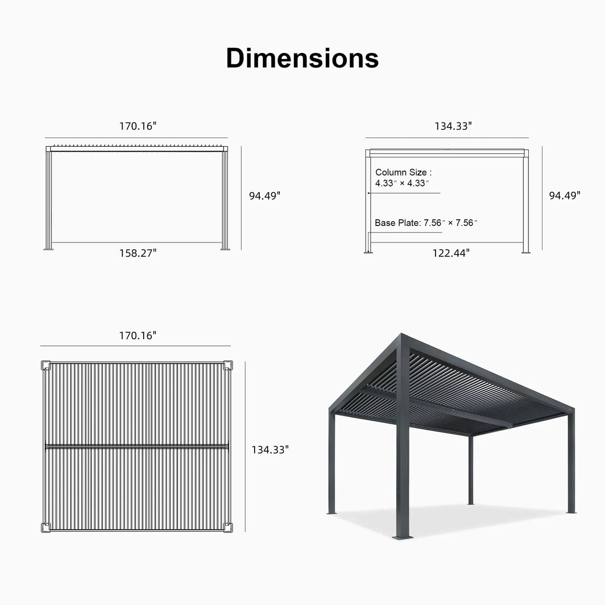 Gray Louvered Pergola Outdoor Aluminum Pergola with Adjustable Roof for Patio Gray Hardtop Gazebo