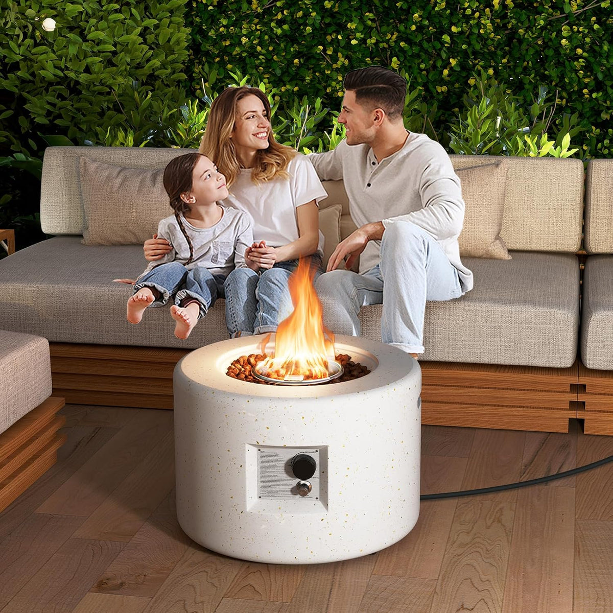 Propane Fire Pit Table, 25.5” round Terrazzo Gas Fire Pit with Stainless Steel Burner & Lava Rocks, Protective Cover & Tank Seat Included, 40,000 BTU Smokeless Fire Pit for outside Patio