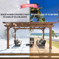 10' X 12' Patio Pergola, Cedar Wood Pergolas with Solid Structure, Pergola Kits, Outdoor Pergolas and Gazebos with Slatted Trellis Roof for Deck Backyard Grill Party Garden