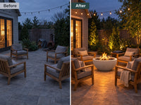 Pompton 42 In. round Concrete Composite Propane Fire Pit in Fog with Vinyl Cover — Before & After