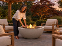 Pompton 42 In. round Concrete Composite Propane Fire Pit in Fog with Vinyl Cover — Lifestyle